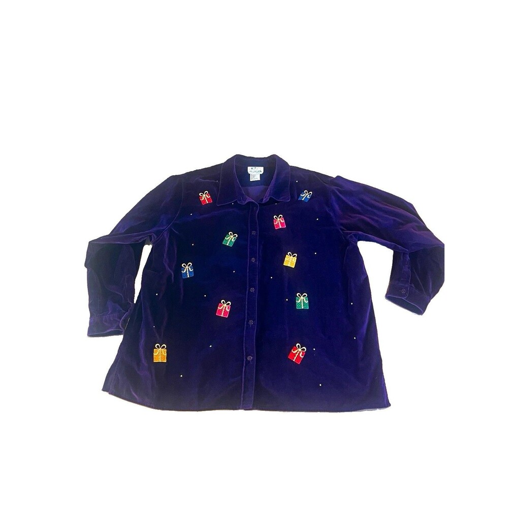 The Quacker Factory Purple Velvet Gift Embroidered Button-Up Shirt 2X Long Slv